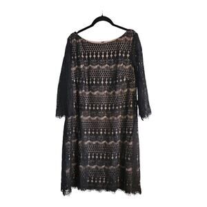 Jessica Howard Womens 16 Sheath Dress Scalloped Black Lace Overlay 3/4 Sleeves